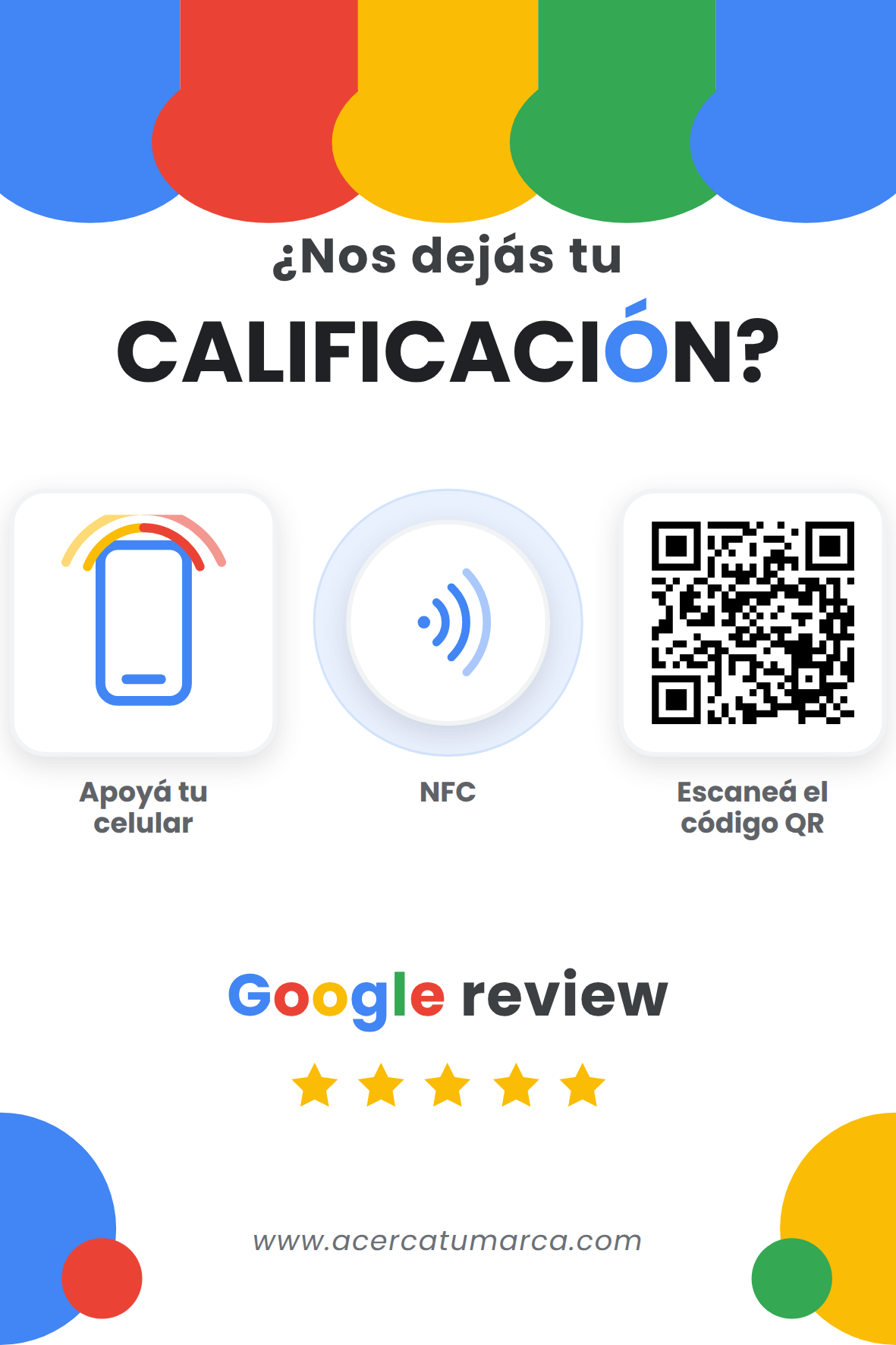 Tarjeta NFC para reseñas de Google — diseño 10x15 cm con colores de Google, código QR y tecnología NFC